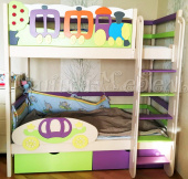 Мебель для детской на заказ "Кровать двухъярусная с декором "Паровоз" с наклонной лесенкой"